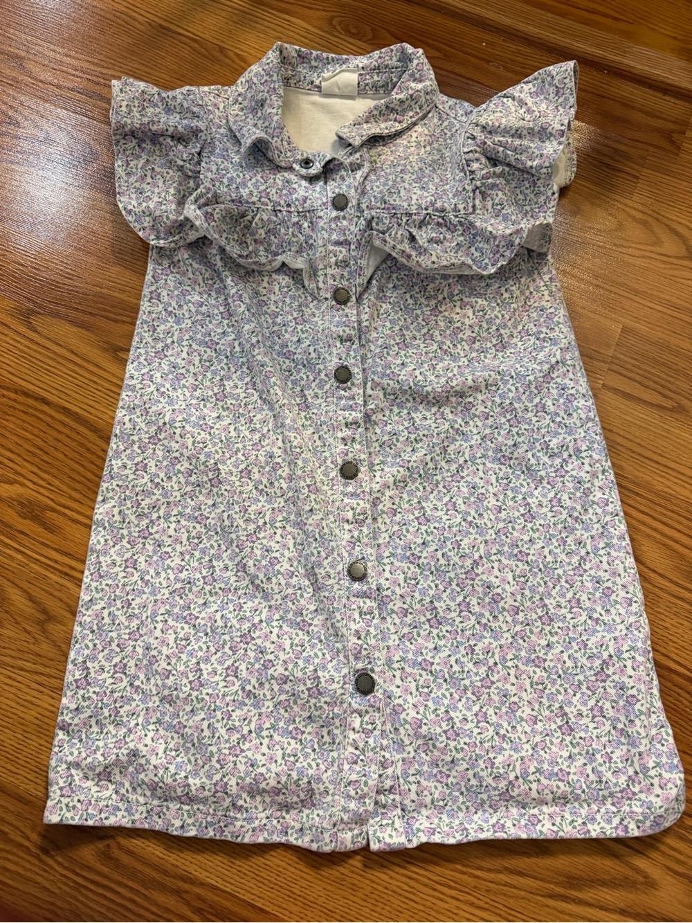 Cotton On Girls' Lavender Floral Ruffle Button-Front Denim Dress 9/10